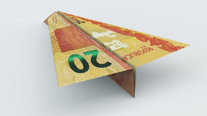Plane made with a 20 reais banknote. Money folded into the shape of an airplane. Money from Brazil. 3D render.