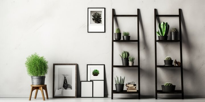 Stylish home decor featuring black poster frame, shelf, cacti, plant, books, camera, wooden ladder, and accessories, against a grunge wall. Template.