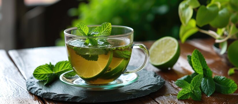 Mint herbal tea served in a glass cup with lime on a slate plate in a teahouse.