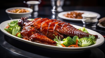 Roast duck with sauce and vegetables on a white plate. Restaurant