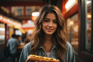 young woman eating hotdog in the market