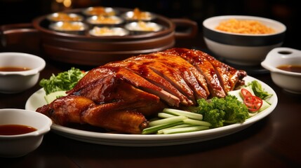 Roast duck with soy sauce on a wooden table in a restaurant