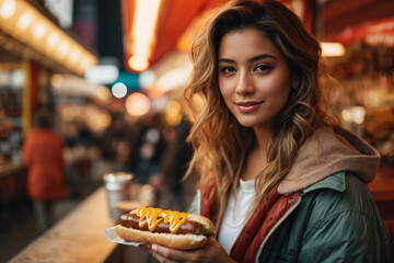 young woman eating hotdog in the market - obrazy, fototapety, plakaty