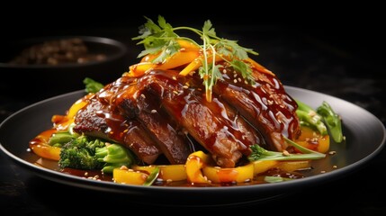 roasted duck leg with orange and broccoli on a dark background