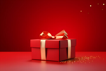 Obraz premium Holiday Product Showcase An elegant product showcase with a red gift box on a red background, ideal for Valentine and Christmas. Generative AI,