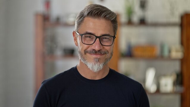 Portrait of happy, confident older man at home looking at camera smiling. Mature age, middle age, mid adult casual guy in 50s, bearded, gray hair, wearing glasses.