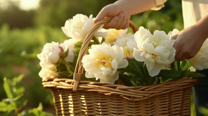 Obraz premium Wooden basket with hyper realistic beautiful king size white blossoming peony flowers in the hands of a farmer created with Generative Ai