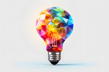 Idea Generation Bulb with 3D Brain Effect 3D polygon puzzle light bulb with an artistic, colorful brain effect, symbolizing idea generation and innovation.  Generative AI,