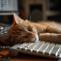 a cat sleeping on a keyboard - obrazy, fototapety, plakaty