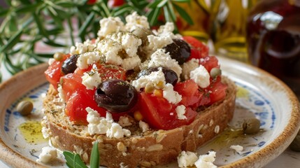 Dakos or ntakos Greece salad. Rusks with tomatoes and feta cheese.