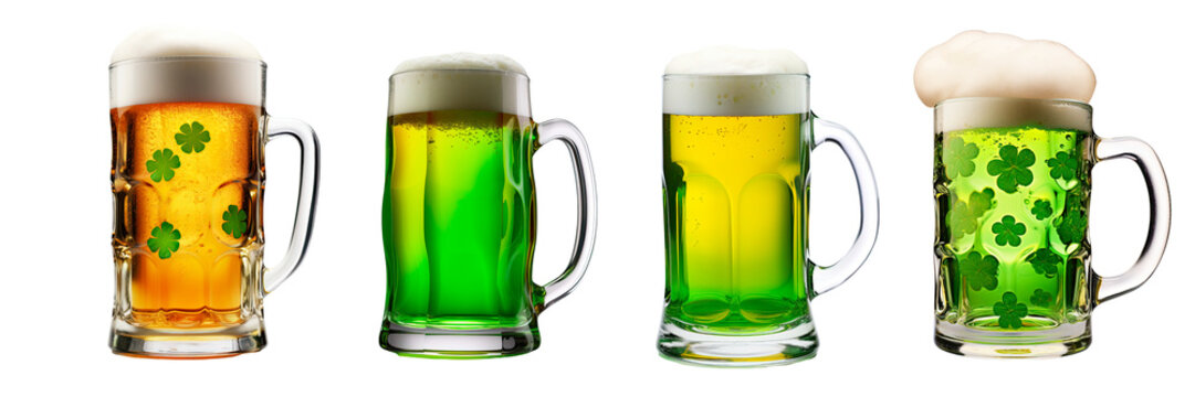 Festive mugs with beer or ale with clover decor. Drinks for St. Patrick's Day. a festive table. Clipart, drinks cut out on a transparent background