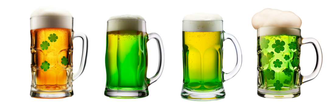 Festive mugs with beer or ale with clover decor. Drinks for St. Patrick's Day. a festive table. Clipart, drinks cut out on a transparent background - Powered by Adobe