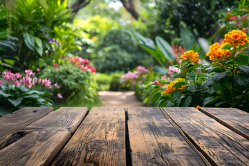Fototapeta na wymiar Foreground Wooden Table, Blurred Botanical Garden Bliss Background