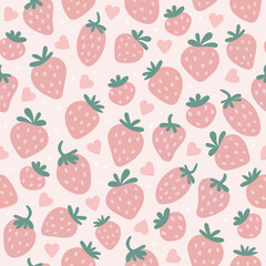 Cute summer pattern with strawberries and hearts. For textile, wallpaper, paper, packaging, digital illustration. Simple cartoon fruits. 