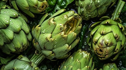 Obraz premium Top view full frame of bunch of fresh green artichokes with water drops placed on stall in local market