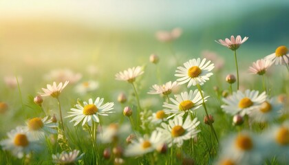 Beautiful chamomile flowers in meadow. Spring or summer nature scene with blooming daisy