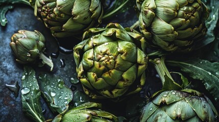 Fototapeta premium Top view full frame of bunch of fresh green artichokes with water drops placed on stall in local market