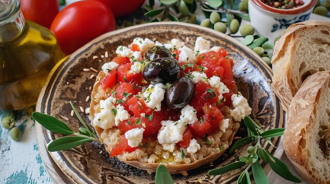 Dakos or ntakos Greece salad. Rusks with tomatoes and feta cheese.