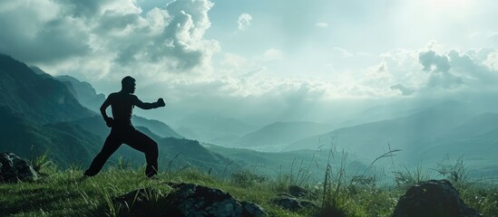 Fighter in mountains practicing shadow boxing, potentially kickboxer or muay thai fighter.