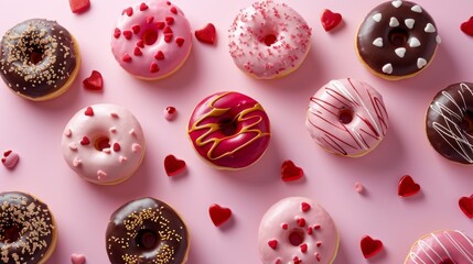 Donuts with gold, red, pink hearts sprinkles on dusty rose pink background. Sugar, calories,...