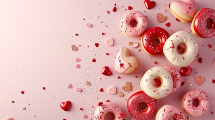 Donuts with gold, red, pink hearts sprinkles on dusty rose pink background. Sugar, calories, homemade sweets concept. st. valentines concept