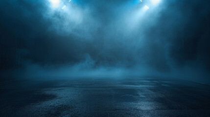 Dark street, wet asphalt, reflections of rays in the water. Abstract dark blue background, smoke, smog. Empty dark scene.