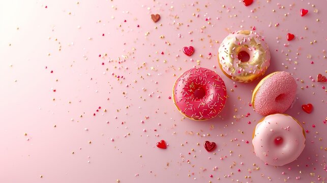 Donuts with gold, red, pink hearts sprinkles on dusty rose pink background. Sugar, calories, homemade sweets concept. st. valentines concept