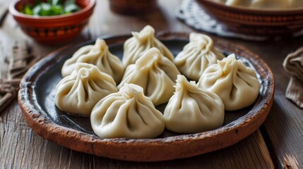 Delicious large Georgian khinkali dumplings on a plate