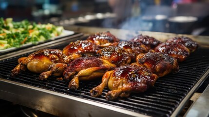 Grilled chicken on the grill in the restaurant