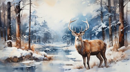Watercolor deer with winter pine tree forest illustration background