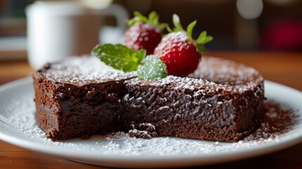 Fototapeta na wymiar Swedish traditional chocolate cake Kladdkaka with fresh berries.. On a wooden table background.