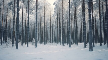 Snow-covered pine trees stand in serene silence, capturing the essence of a cold, tranquil winter forest.