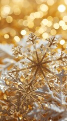 Little transparent white  glass Christmas snowflakes, festive gold bokeh background 
