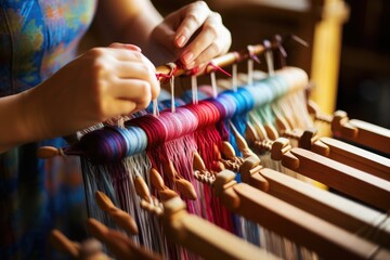 Close hands weaving, cloth. Art, threads. To knit. Making fabric, carpet. Folk craft - obrazy, fototapety, plakaty