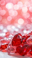 Little transparent red glass St. Valentines hearts, festive pink bokeh background 