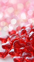 Little transparent red glass St. Valentines hearts, festive pink bokeh background 