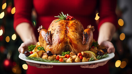 Big classic Christmas roast turkey dish with stuffing, mashed potatoes and cranberry in woman's hand created with Generative Ai