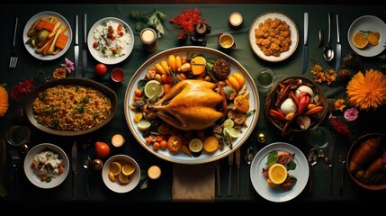 Turkey, rice, fruits and vegetables. Top view