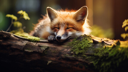 Portrait of red baby fox sleeping on a log in wild, golden hour