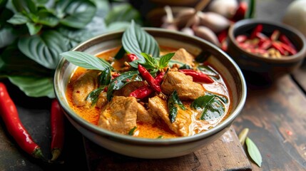 Panaeng Curry featuring sliced chicken breast in a rich red curry paste and coconut milk, garnished...