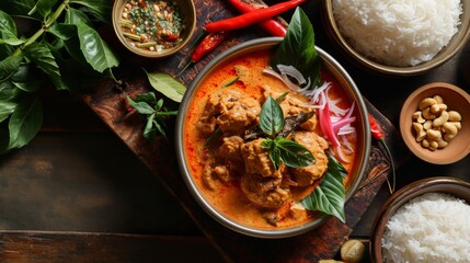 Panaeng Curry featuring sliced chicken breast in a rich red curry paste and coconut milk, garnished with coconut cream and shredded kaffir lime leaves. A classic Thai dish - obrazy, fototapety, plakaty