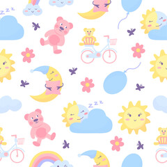 Cute kids seamless pattern. Dreamtime elements, moon and sun, fluffy clouds. Bear toy and flowers, childish fabric print design. Neoteric vector background