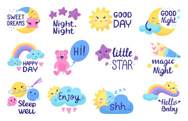 Positive sleep and morning kids lettering phrases. Isolated quotes with moon, sun and clouds. T-shirt prints templates, childish neoteric vector design