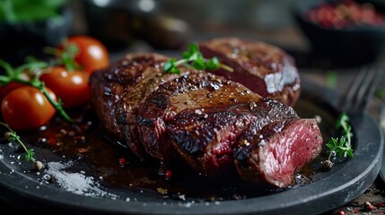 Grilled top Picanha Sirloin Cap or cup rump beef meat steak on wooden board. Dark background. Side view