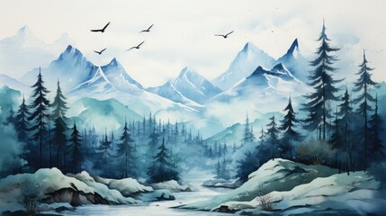 Fototapeta na wymiar Watercolor deer with winter pine tree forest illustration background