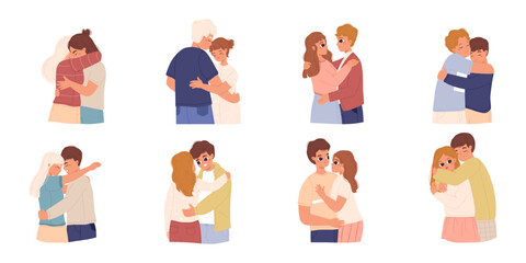 Couples in love. Romantic relationships, teens hugging and kisses. Young adults embracing, first sweetheart. Cartoon snugly people vector set