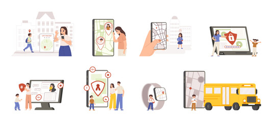 Fototapeta premium Children safety security, gps tracker with geolocation and smartwatch. Internet parental control, security technologies for children. Snugly vector scenes