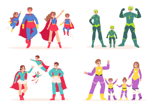 Cartoon superhero parents and children. Families superheroes in masks and mantles. People wear costumes, snugly funny vector characters