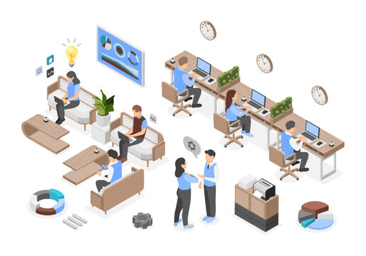 Coworking process. Creative people working in open space. Business development, corporate managers using laptops and smartphones, flawless vector scene