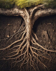 Fototapeta na wymiar Complex root system of a tree deep underground, soil cross section view